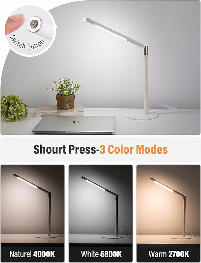 LED Desk Lamp, Home Office Eye Lamp, 3 Modes, Infinitely Adjustable Brightness, Metal, Multi-Angle Adjustment, Detachable Desk Lamp with USB (White)