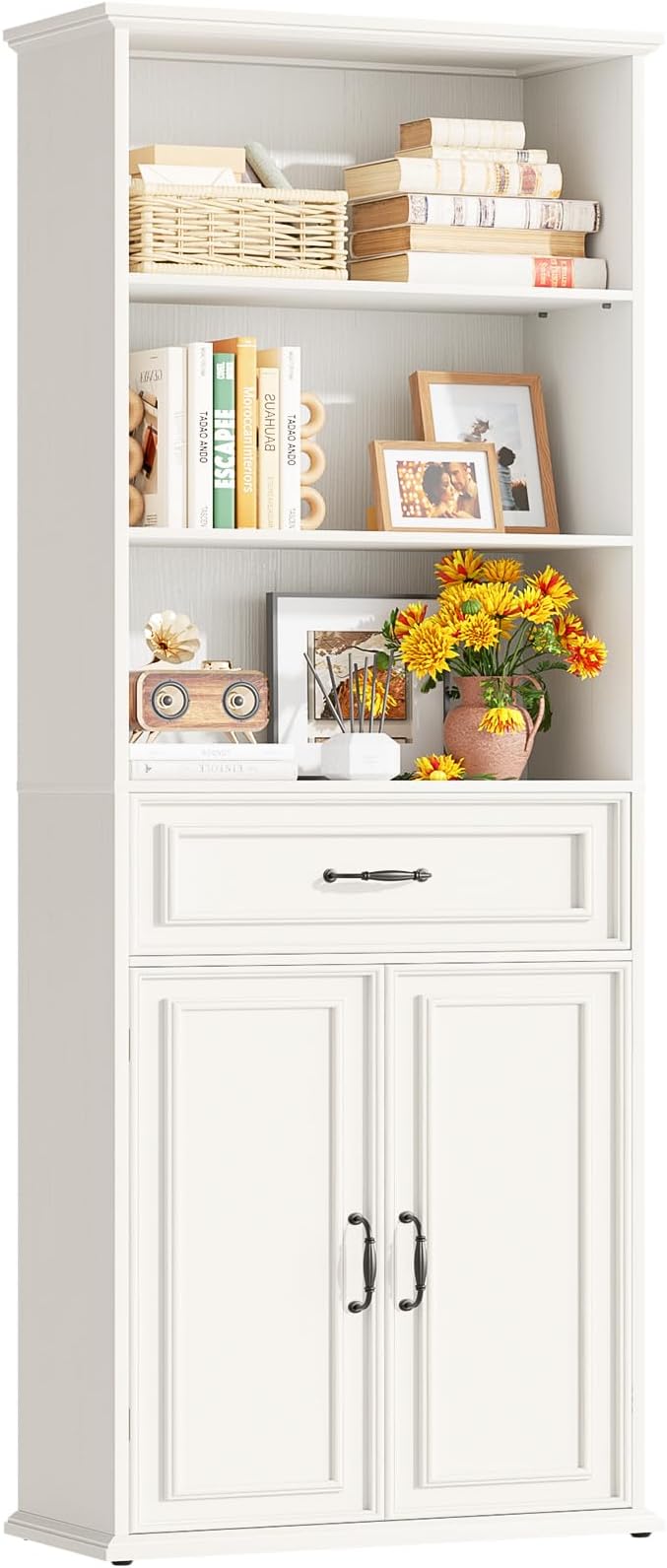 Cyclysio 80" Tall Bookcase, Farmhouse Bookshelves with Drawer and Doors, Floor Standing 6 Shelf Display Storage Cabinet for Home Office, Living Room (1, Antique White)