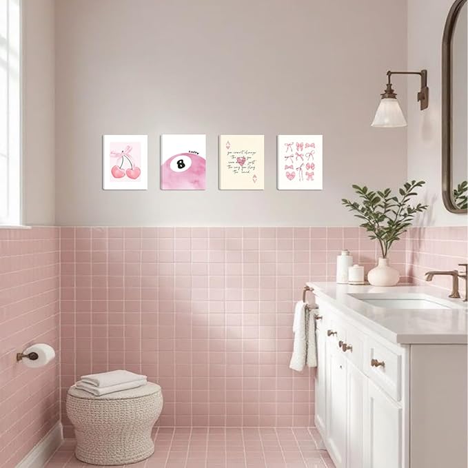 SEHSUVC Pink Coquette Y2K Lucky Wall Art Set of 4, Preppy Aesthetic Canvas Prints, Cherry Bows 8 Ball Ace Card Wall Decor for Girls Bedroom, Dorm, Vanity, for Home Decor 8x10in Framed