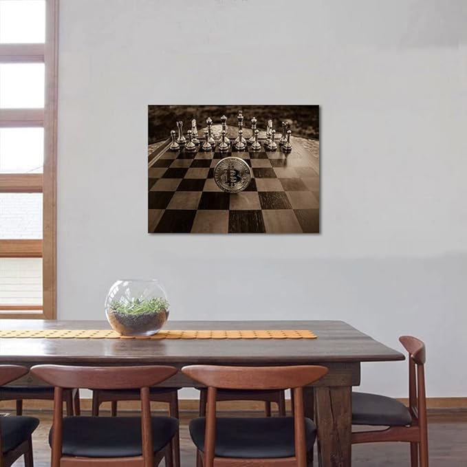 Golden Chess and Bitcoin Canvas Wall Art Motivational Life Quote Game Bitcoin Wall Art Poster Canvas Posters and Prints Pictures Chess Office Wall Decor, Framed 24x18 inch