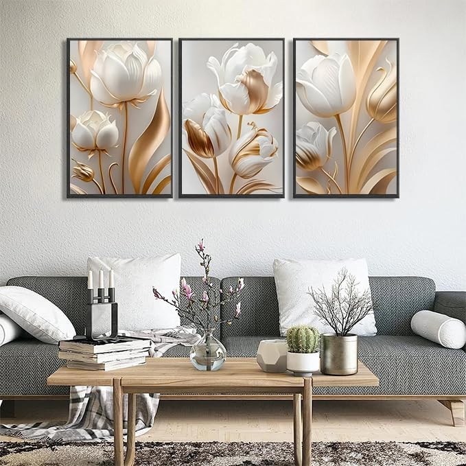3Pcs Vintage Minimalist Floral Wall Art White Gold Abstract flowers Wall Decor Pictures Modern Luxury Poster Prints tulip Plants Painting Artwork for Office Home Decoration 16x24in