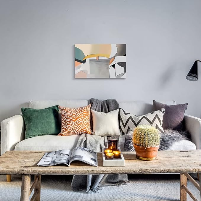 Wall Art Canvas Abstract Color Block Line Art Prints Apricot Cyan Black Grey Color Blocks and Lines Painting Modern Artwork Decor for Living Room Bedroom Kitchen 24x16in