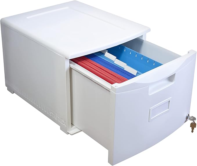 Storex Plastic One-Drawer File Cabinet – Locking Document Organizer for Home and Office, White, 1-Pack (61271A01C)