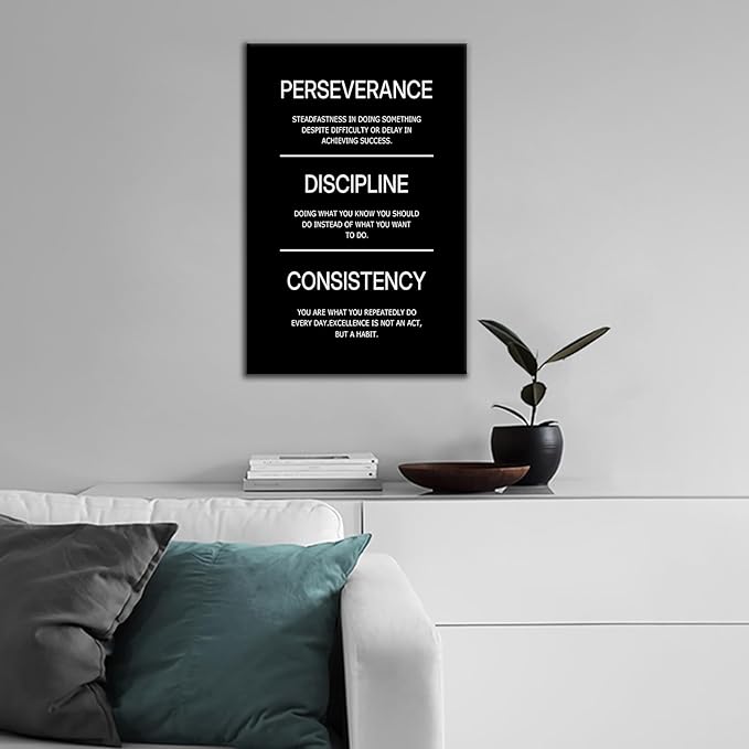 DINGFUN Perseverance Discipline Consistency Motivational Wall Decor Inspirational Office Poster Wall Art Positive Picture Print Artwork for Home Bedroom Gym Classroom Ready to Hang [12''Wx18''H]