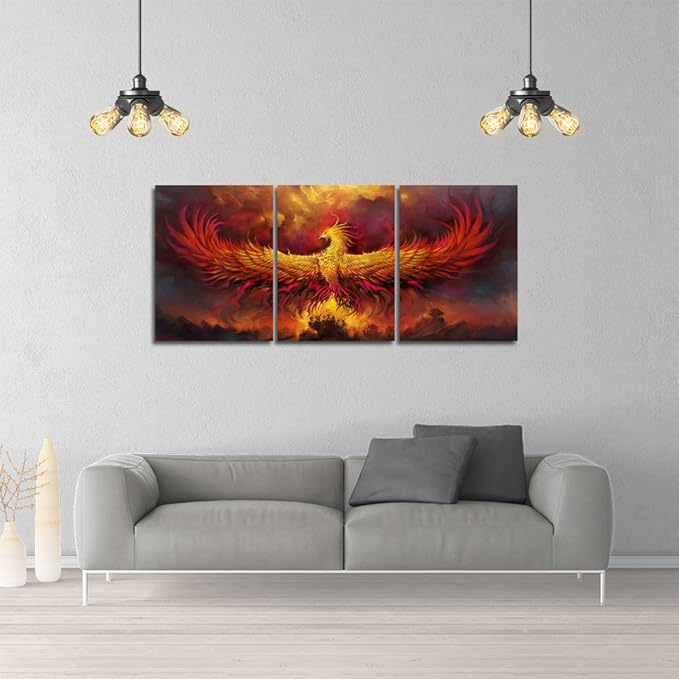 Fire Phoenix Wall Art Prints Volcanic Burning Phoenix Birds Canvas Picture Posters Prints Artwork 3 Piece Home Office Living Room Bedroom Decor Framed Ready to Hang - 36" W x 16" H
