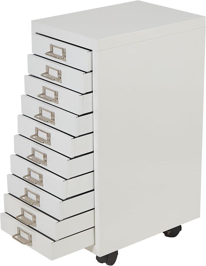 File Cabinet MINI 10 Tier Metal File Organizer Document Organizer with Wheel, White Color, for Home Office, Office Desk File (White)