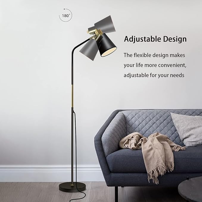 Floor Lamp, Industrial Floor Lamps for Living Rooms Rustic Farmhouse Reading Standing Floor Lamp Adjustable Metal Heads Indoor Task Lighting for Living Room Bedroom Office Home Décor (Black)