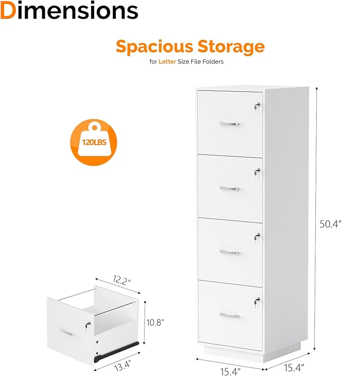 VINGLI 4 Drawer File Cabinet with Lock, Home Office Filing Organizer, for Letter Size File Folder Storage, Wood Tall Vertical Filing Cabinet, Printer Stand, Archivador (White)