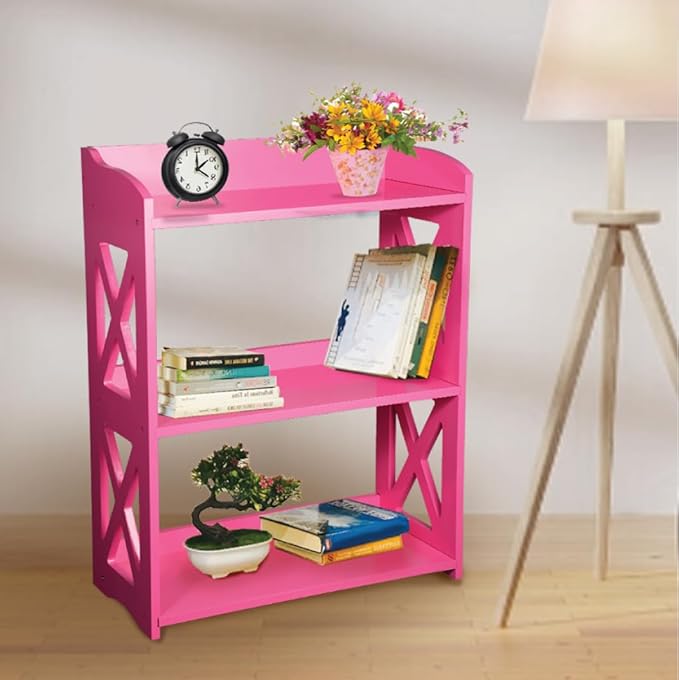 Narrow Bookcase by Natural Wood, 3 Tier Bookshelf, Small Book Shelves Freestanding Display Storage Shelves. Open Bookshelf for Bedroom, Living Room and Office (Pink, 3 Tier)