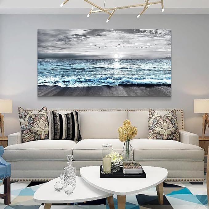 Large Size Wall Decorations For Living Room Framed Canvas Wall Art For Bedroom Office Wall Decor Black And White Wall Painting Blue Ocean Sea Wave Pictures Artwork Beach Posters Home Decor 30" X60