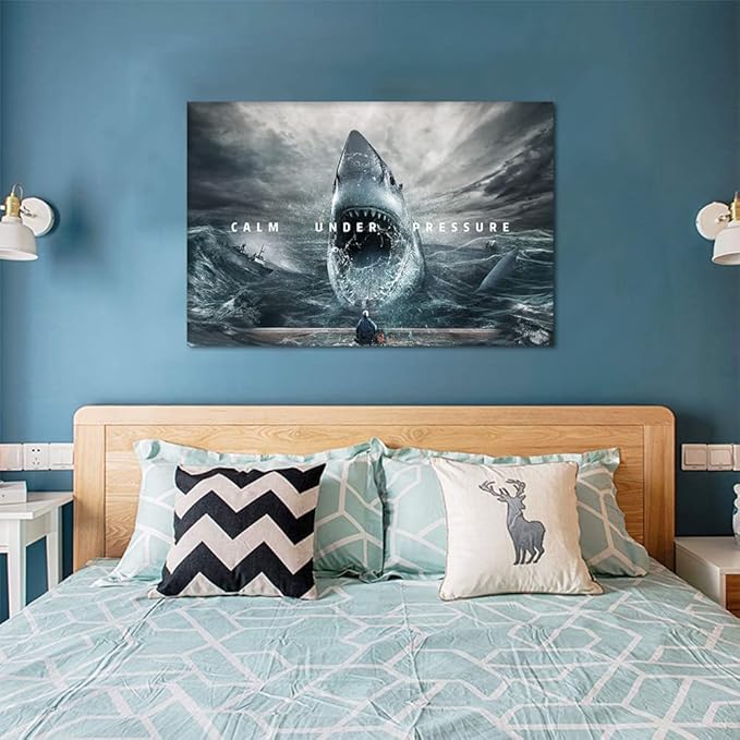 Large Inspirational Pictures Wall Art for Home Office Decor Calm Under Pressure Motivational Quotes Pictures Wall Decor Sharks and Angler Posters Prints Decoration Framed Ready to Hang - 24" Hx36 W