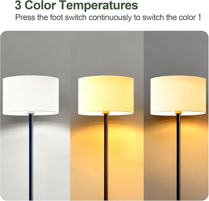 62.9" Floor Lamp with Table Brown, White Lampshade Vintage Standing Lamp with Tray Foot Switch, 3 Color Temperatures LED Bulb Included, for Living Room, Bedroom