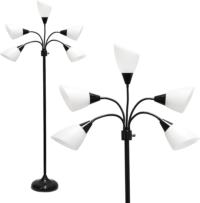 Simple Designs LF2006-BAW 67" Contemporary Multi Head Medusa 5 Light Adjustable Gooseneck Black Floor Lamp with White Shades for Kids Bedroom Playroom Living Room Office