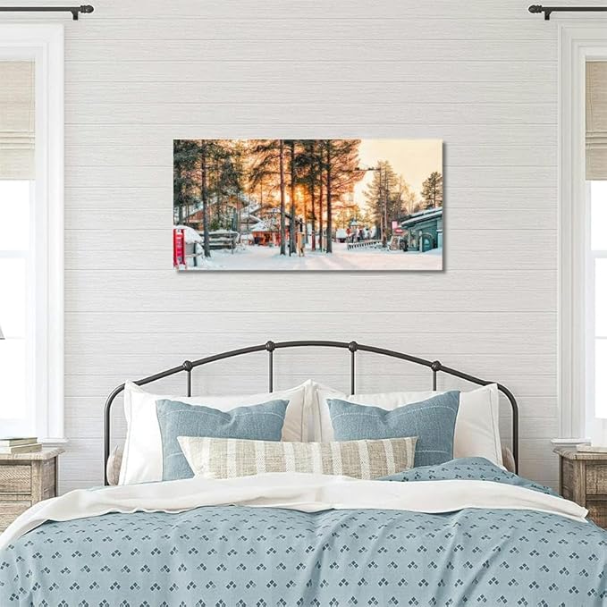 Sunset at Santa Village Lapland Canvas Wall Art Large Framed Prints Pictures Wall Decor Posters Painting Artwork for Living Room Bedroom Kitchen Bathroom 24x47