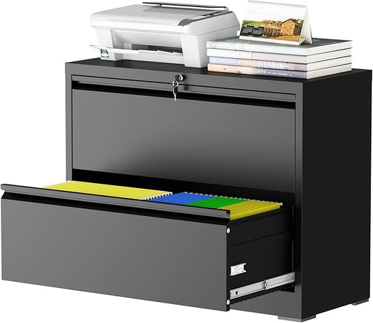 2 Drawer File Cabinet, Lateral File Cabinet with Lock, Metal Lateral Filing Cabinets for Home Office, File Storage Cabinet for Legal/Letter/A4 Documents, Assembly Required (Black, 35'W)