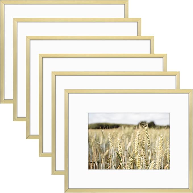 Golden State Art, Gallery Wall Frame Set of 6 - Gold 8x10 Aluminum Photo Frames with Mat for 5x7 Pictures - 8 x 10 inch Metal Frame with Real Glass Cover - Elegant Home or Office Decor