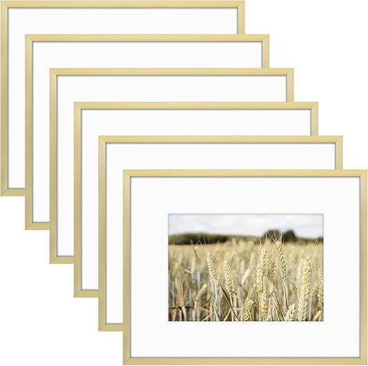 Golden State Art, Gallery Wall Frame Set of 6 - Gold 8x10 Aluminum Photo Frames with Mat for 5x7 Pictures - 8 x 10 inch Metal Frame with Real Glass Cover - Elegant Home or Office Decor