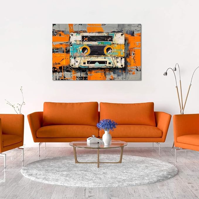 Tape Cassettes Graffiti Canvas Prints, Large Colorful Framed Canvas Paintings Wall Art for Bathroom Bedroom Office Living Room, Abstract Canvas Poster Stretched and Framed Ready to Hang 24"X36"