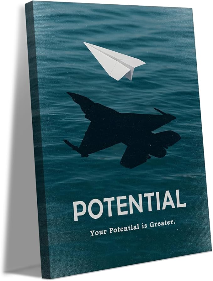 Potential Motivational Canvas Wall Art with Paper Plane & Your Potential is Greater Quote Inspirational Wall Decor for Office Living Room Home, Ready to Hang & Framed 12x16 inch