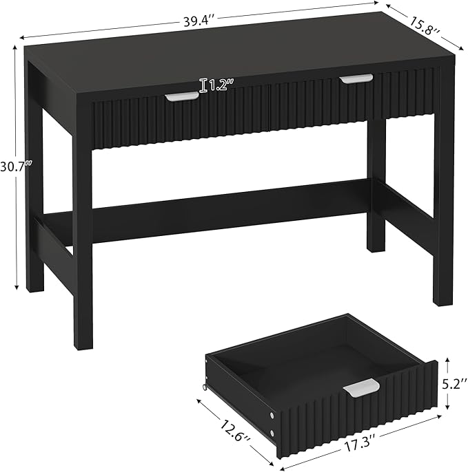 Fluted Computer Desk with 2 Drawers, 39 Inch Small Computer Desk with Storage, Compact Writing Study Desk for Small Spaces, Black