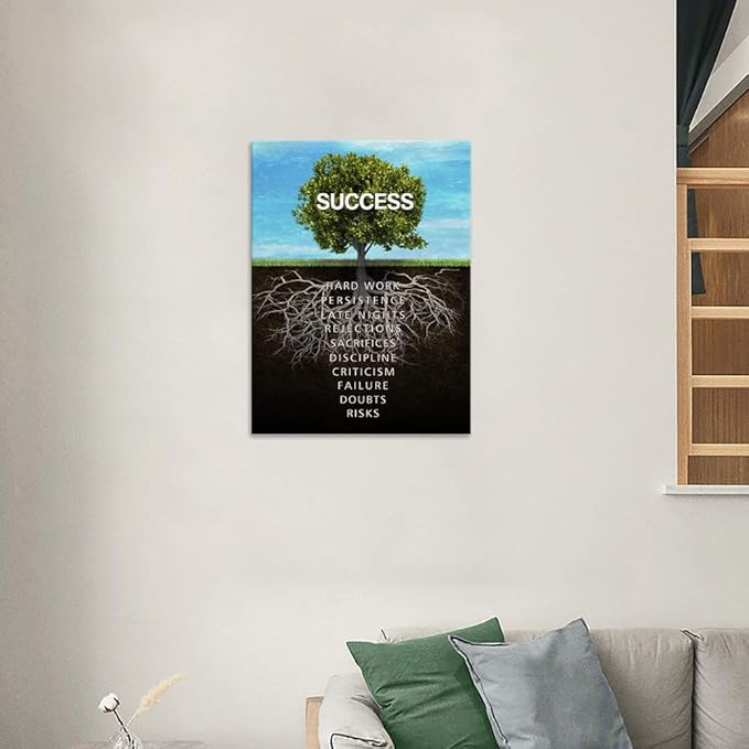 Modern Inspirational Picture Wall Art Success Tree Motivational Teamwork Quotes Canvas Painting Living Room Wall Decor Artwork Stretched and Wooden Frame Easy to Hang - 18''Wx24''H