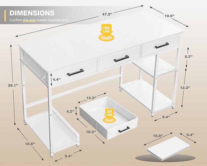 Shahoo Computer Desk with Drawers & Storage Shelves, 48" Modern Writing Table for Home Office, All White