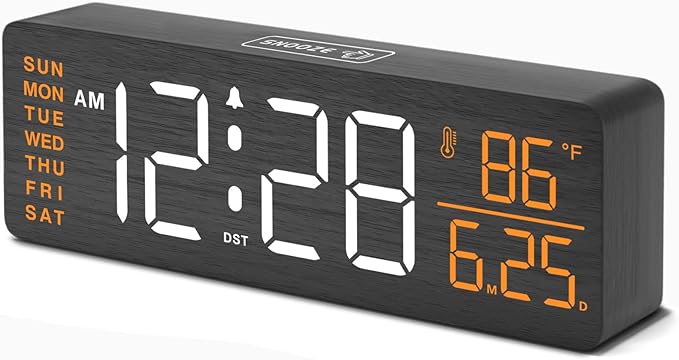 DreamSky Wooden Digital Alarm Clocks for Bedrooms – Large Display Desk Clock with Date & Day of Week for Living Room, Temperature, Dimmer, Adjustable Volume, Auto DST, Office Wood Décor (Plug-in)