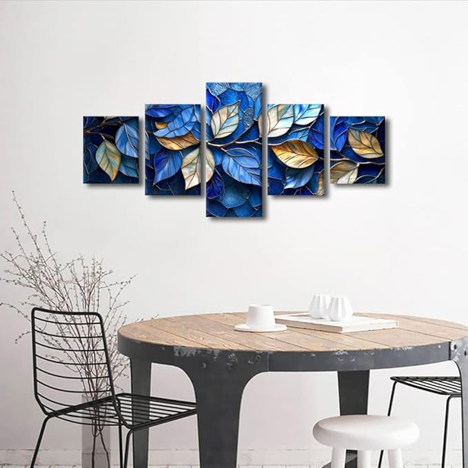 Modern Canvas Wall Art 5 Panel Abstract Canvas Wall Art Blue and Golden Leaves Pattern Art Wall Prints for Native Americans Bedroom Home Canvas Art Decor Stretched and Framed Ready to Hang 50x24 in