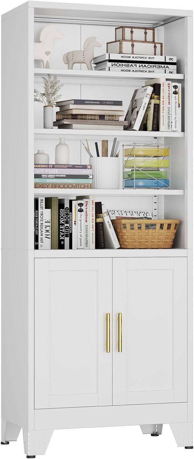 Metal Bookcase with Doors, White 71" Tall Bookcase with Storage, Floor Industrial Bookshelves and Bookcases 6 Tier Shelf Dispaly Storage Shelves for Home Office, Living Room, Bedroom, White
