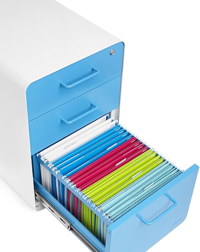 Poppin Stow 3-Drawer Rolling File Cabinet - White + Pool Blue. Utility and Hanging File Drawers. Locking and Non-Locking Wheels. Powder-Coated Steel. Two Keys Included