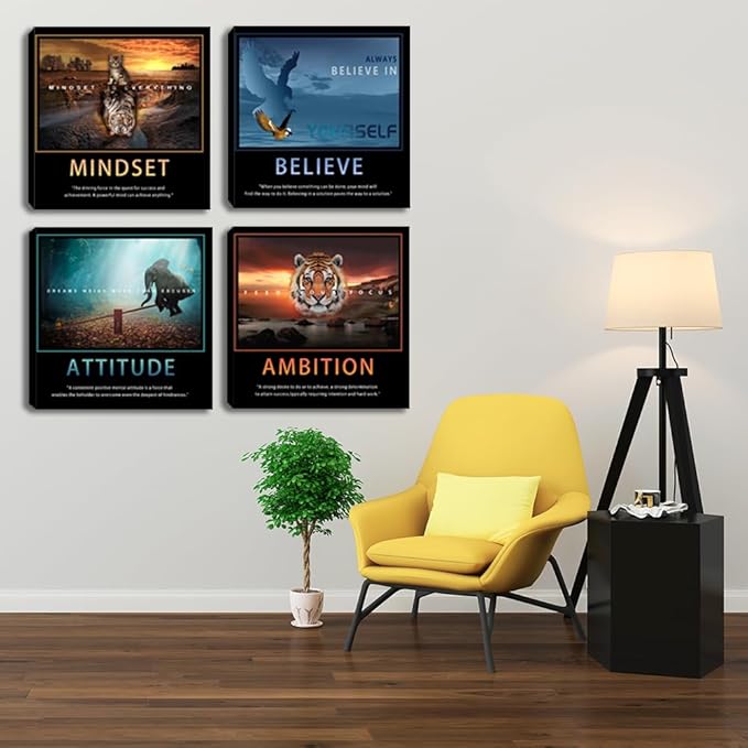 Motivational Wall Art Decor Quotes Canvas Wall Art Set of 4 Motivation Picture Prints for Home Office Canvas Painting Wall Art Poster Prints Wall Pictures Decoration Framed Ready to Hang 16"x16"x4