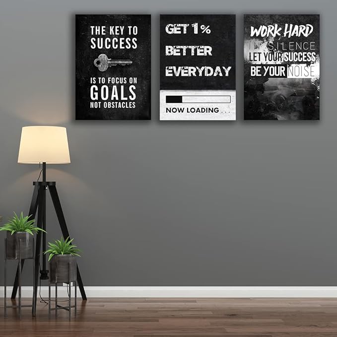 Inspirational Wall Art Canvas Hustle Poster Success Goal Artwork Entrepreneur Quote Painting Motivational Office Wall Decor Art for Bedroom Living Room Home Decoration Framed 20inch x28inch x3pieces
