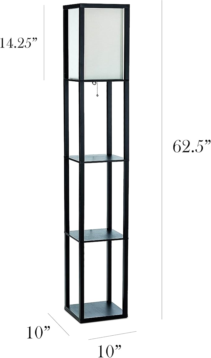 Simple Designs LF1014-BLK 62.5" Modern Etagere Organizer Storage 3 Shelf Floor Lamp with White Linen Fabric Shade for Home Décor, Office, Study, Bedroom, Living Room, Dining Room, Black
