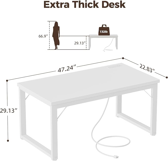 Mericonia 48 Inch Computer Desk with Power Outlets, 1.2" Thick Heavy Duty Industrial Office Desk, Modern Simple Study Writing Table for Home Bedroom Workstation, White