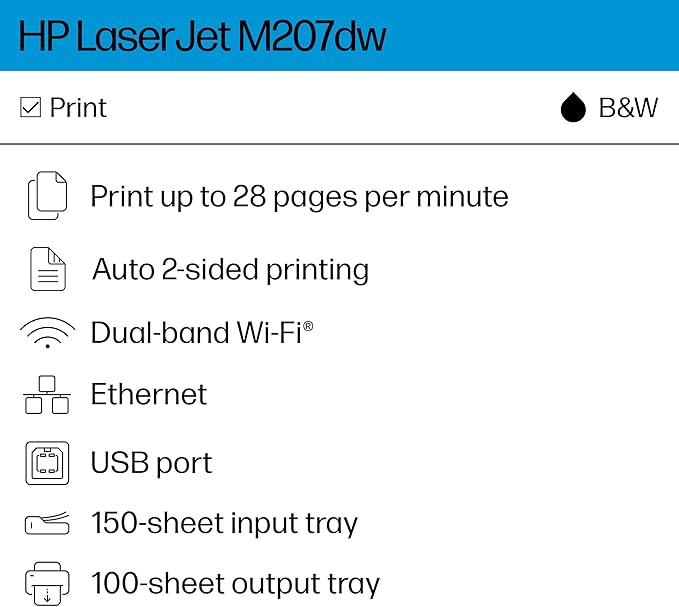 HP LaserJet M207dw Laser Wireless Printer, Black and White, Duplex, Best-for-Office