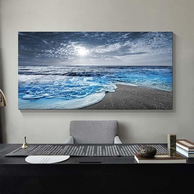 Bamdeya Canvas Wall Art for Bedroom Beach pictures for Living Room Wall Decor Blue Poster Ocean Decor Large Size Seascape Paintings Prints Office Artwork Framed Kitchen Decorations 24x48