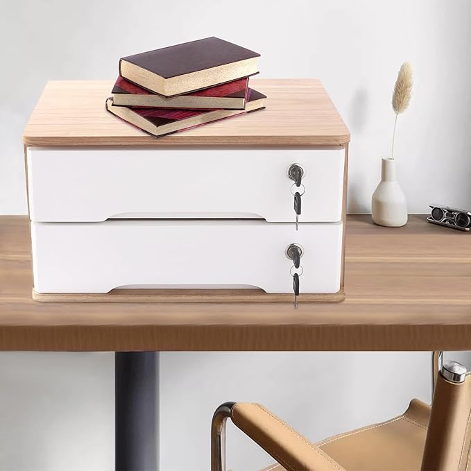 2 Drawers Wooden Desktop Storage Box,Small File Cabinet with Locks,Office Supplies A4 Filing Organizer for School,Classroom,Wood Color,White