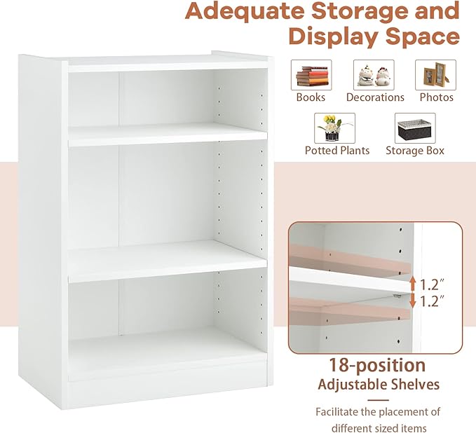Tangkula 3 Tier Bookcase, Floor Standing Open Bookshelf with 18-Position Adjustable Shelves, Anti-toppling Device, Modern Multipurpose Display Storage Organizer for Living Room Study (1, White)