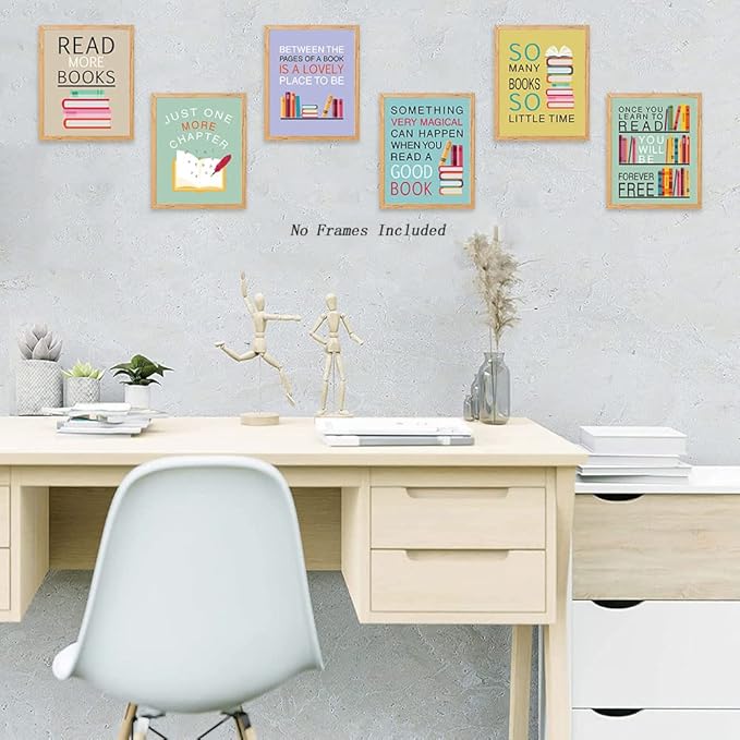 CHDITB Colorful Wall Art Print Inspirational Read Books Quote Artwork,Watercolor Books Art Painting, Set of 6 Art Posters(8" x10) Motivational Saying Canvas Poster For Classroom Library Study Decor