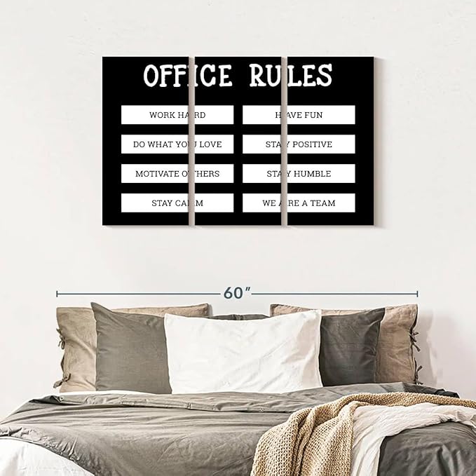 Elephant Stock - Office Rules Wall Art - Horizontal Multi Panel Canvas - 3 Piece Home Office Wall Decor - Digital Art Motivational Typography Multi Piece Wall Art - Black And White Decor by Cad Designs - 45" x 28"