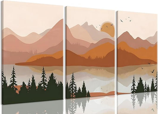 Bwodke Canvas Wall Art Boho Mountain Framed Wall Art Set of 3 Watercolor Nature Landscape Picture Decor Sun Forest Prints Artwork for Living Room Bedroom Office 16"x24"
