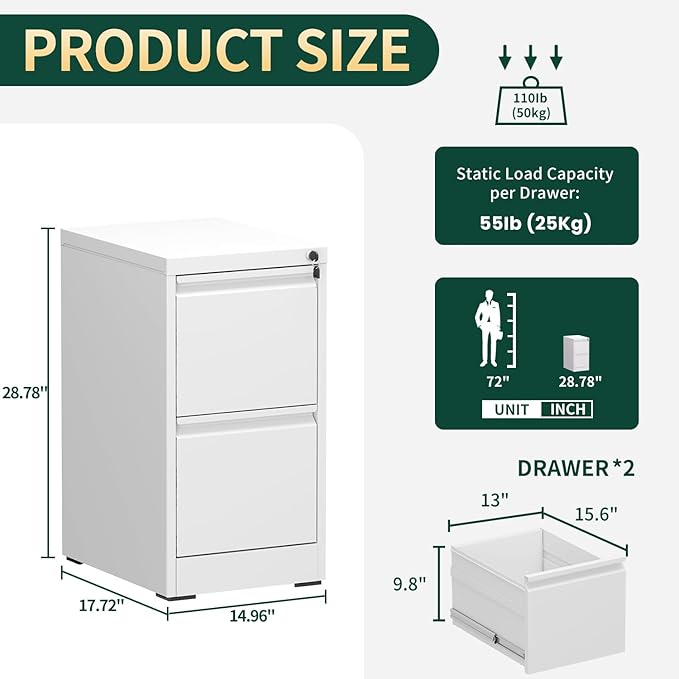 2 Drawer File Cabinet for Home Office, Vertical File Cabinet with Lock, Locking File Cabinet Hanging Files for A4/ Legal/Letter, Require Assembly, White