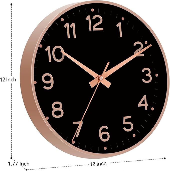 Wall Clock 12 Inch Silent Wall Clocks Battery Operated-Modern Non Ticking Analog Clock Decorative for Kitchen Bedroom Office (Black Rose Gold)