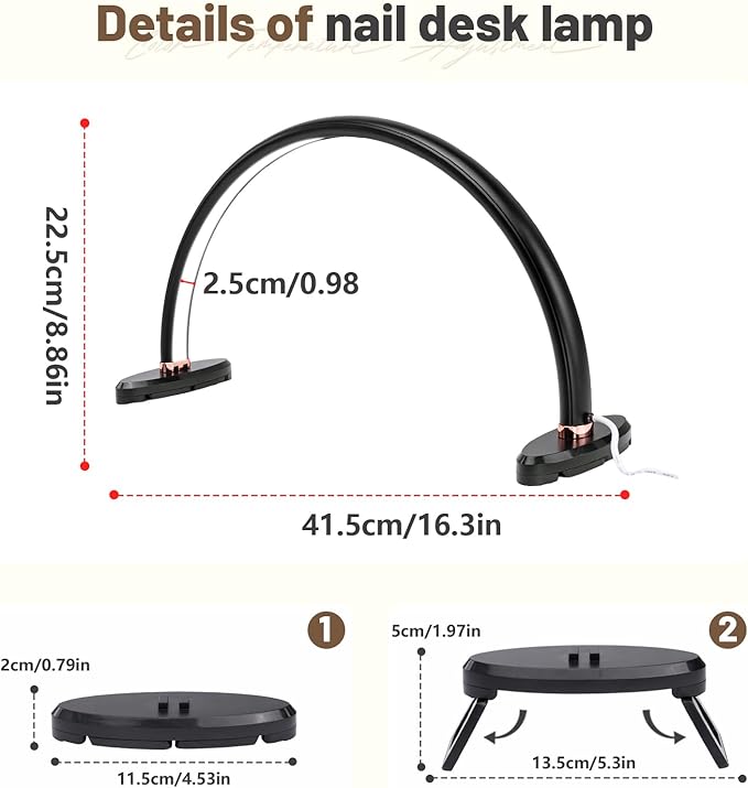 BZJ 16-Inch Half Moon Nail Light for Desk Portable Nail Art Table Lamp with Adjustable Brightness and Color Temperature for Beauty Eyelash Extensions Tattoo Crafts