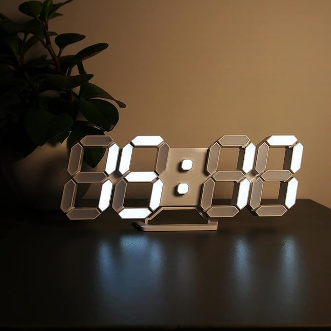 Deeyaple LED Clock, 3D Digital Wall & Desk Alarm Clock with Snooze, Dimmable Display, Time Memory, 12/24H Date & Temperature, Remote Control Night Light for Bedroom, Office, Kitchen, Home (White)