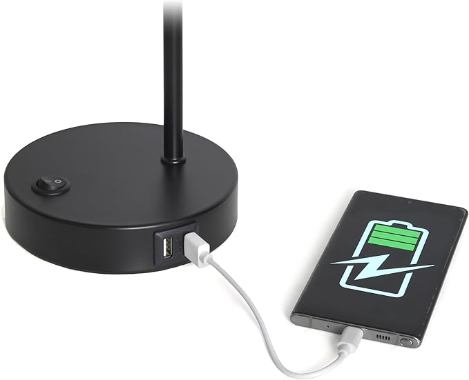 Simple Designs LD1073-BLK 16" Sleek Essentials Metal Looped Desk Task Lamp with Adjustable Shade and Dual USB Ports, for Office, Desk, Nightstand, Black