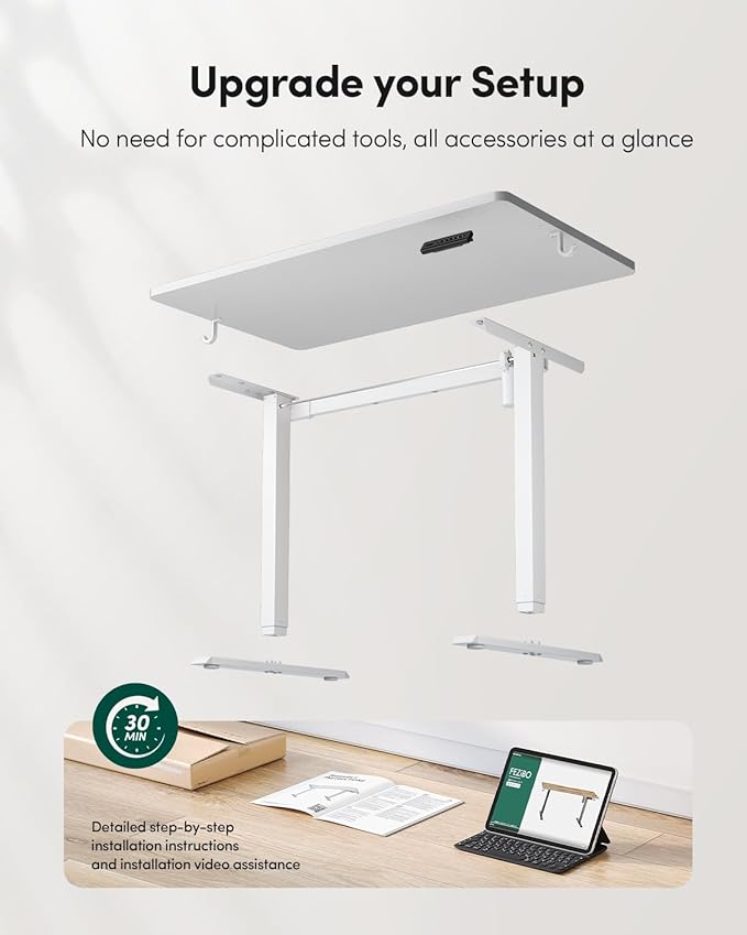 CubiCubi 40 x 24 Small One-Piece Standing Desk, Adjustable Height Electric Computer Home Office Sit Stand up Workstation, with 4 Memory Presets, Headphone Hook, White