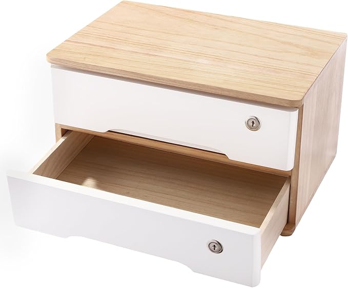 2 Drawers Wooden Desktop Storage Box,Small File Cabinet with Locks,Office Supplies A4 Filing Organizer for School,Classroom,Wood Color,White