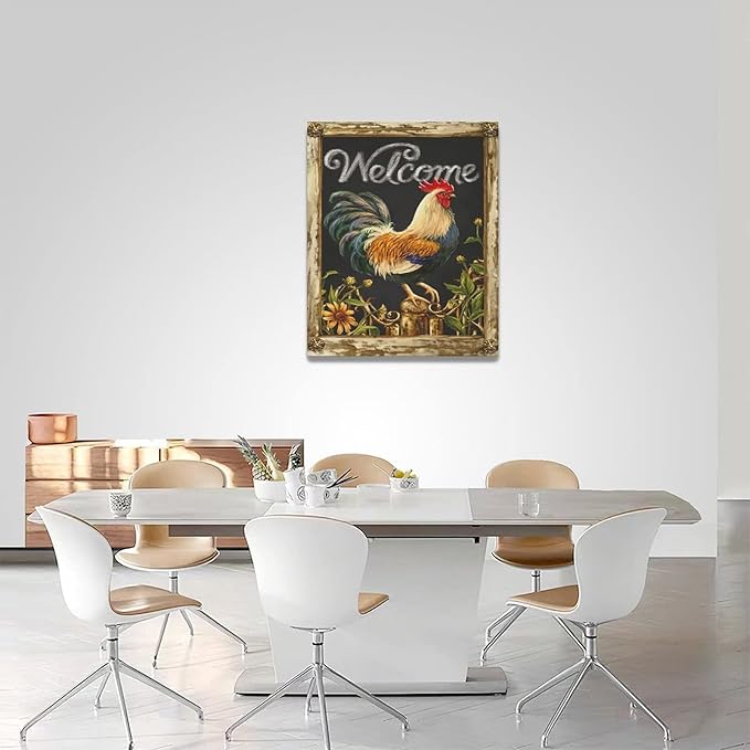 yerretin Farmhouse Rooster Wall Art Rustic Farm Chicken Pictures Wall Decor Country Canvas Painting Modern Artwork Home for Kitchen Bathroom Living Room Bedroom Office Framed 16"x20"