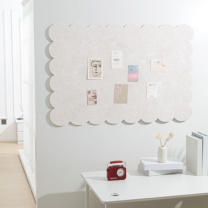 Scalloped Felt Bulletin Board 48 x 36 Inches Foldable Beige Pin Cork Board Alternative for Wall, 4' x 3' Trifold Picture Vision Self Adhesive Bulletin Decorative